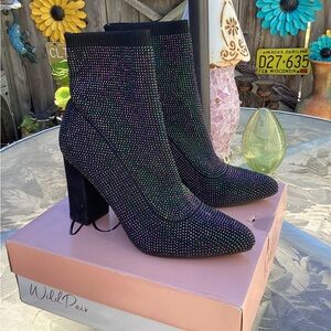 Wild Pair Black Iridescent Rhinestone Sock Booties - Block Heel Glam